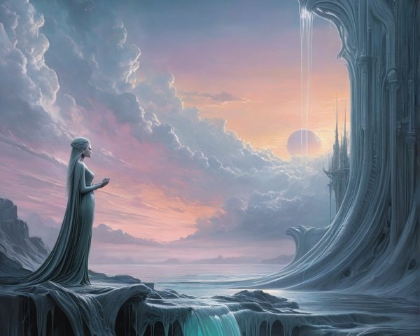 Ethereal Landscape with Waterfall and Castle Scene