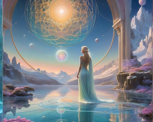 Serene figure by tranquil lake with cosmic scene