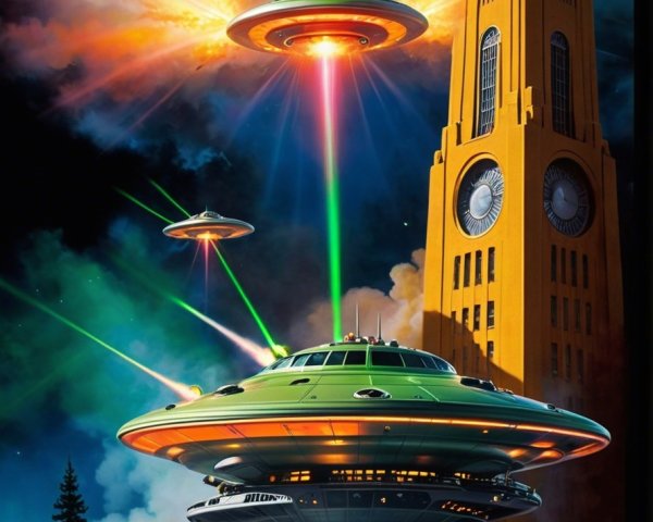 Futuristic UFOs Above Colorful Clock Tower Scene