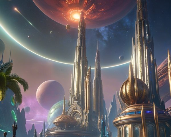 Futuristic cityscape with cosmic backdrop and greenery