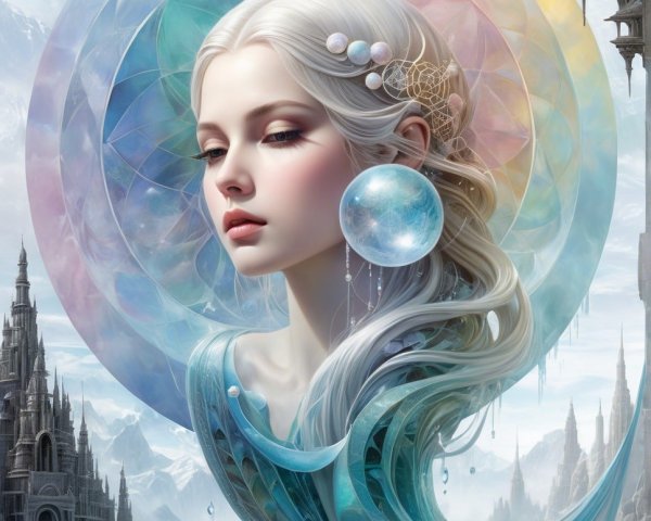 Serene Young Woman in Mystical Landscape with Halo