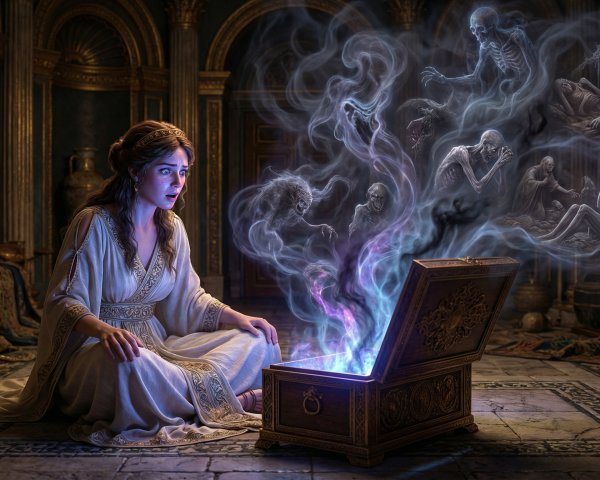 Woman in Ancient Greek Dress with Glowing Box