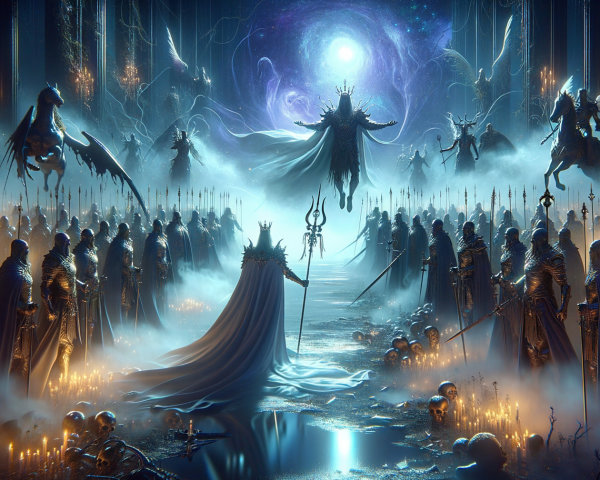 Majestic Figure Surrounded by Ethereal Beings and Warriors