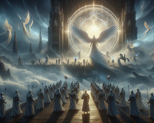 Celestial Palace with Angels and Glowing Portal