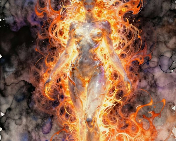Watercolor Painting of a Fiery Woman Figure