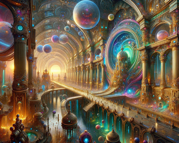 Surreal Architecture with Vibrant Colors and Orbs