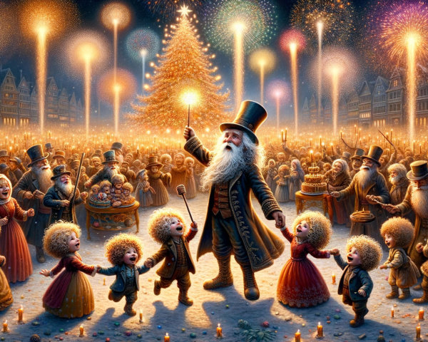 Festive Square Celebration with Fireworks and Christmas Tree