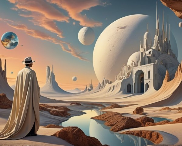 Surreal Landscape with Cloaked Figure and Planets