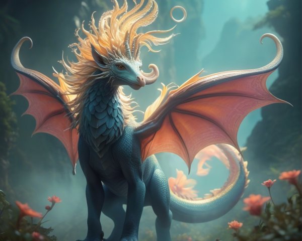 Majestic dragon in a lush, mystical landscape