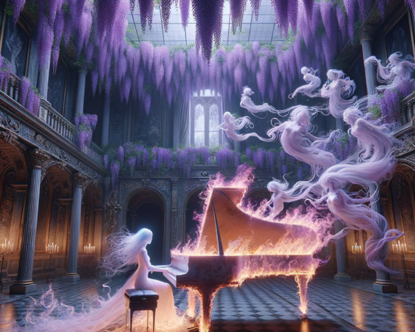 Ghostly Figure Playing Piano in Wisteria-Adorned Hall