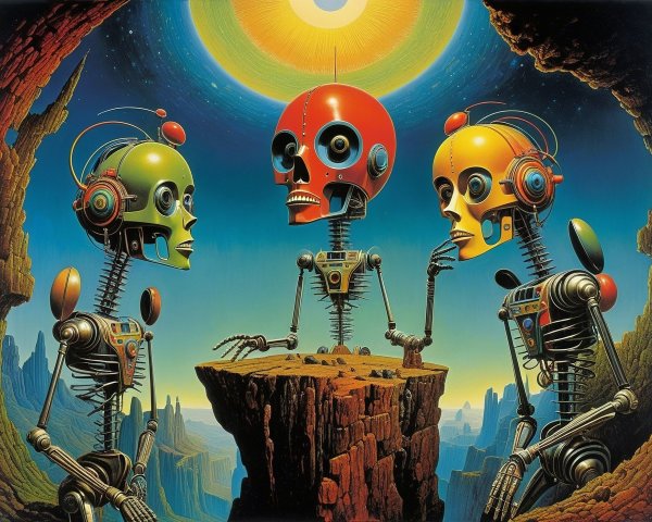 Surreal Landscape with Colorful Robot Figures