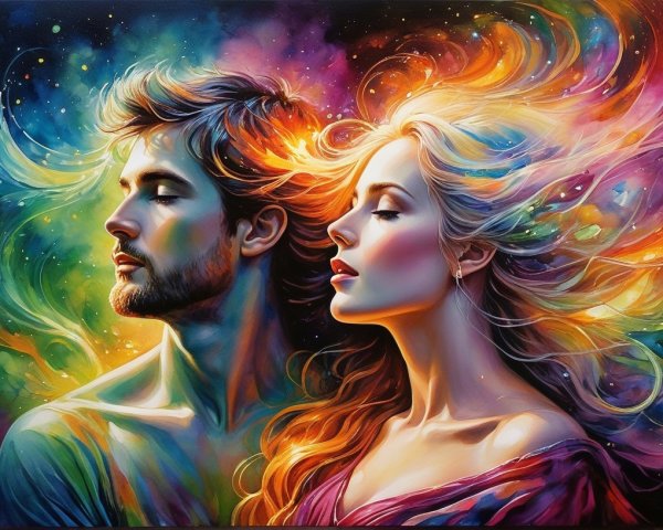 Vibrant Cosmic Scene of Two Figures in Profile