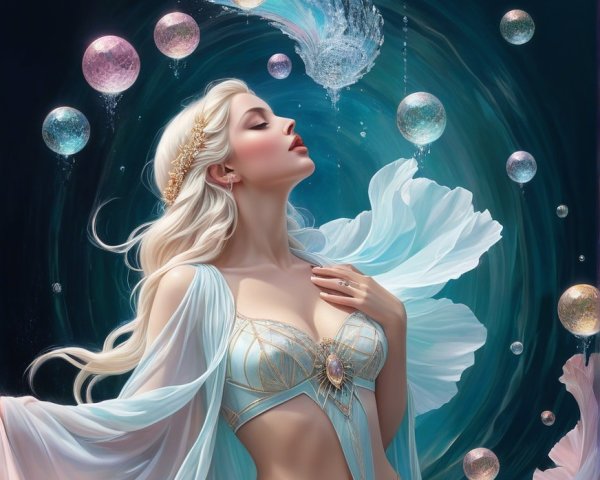 Underwater Scene with Woman in Shimmering Gown