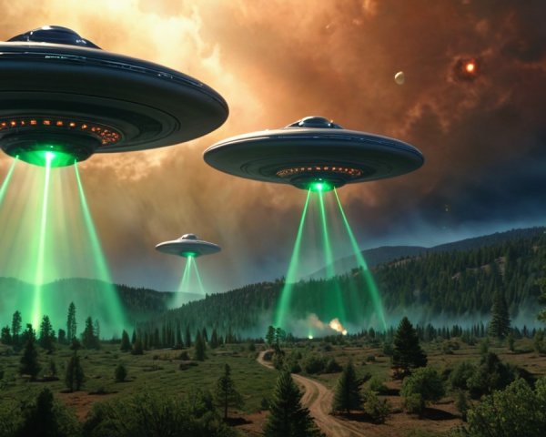 UFOs Emitting Green Beams Over Forest and Mountains
