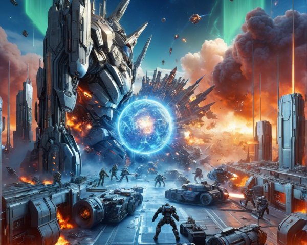 Futuristic Battleground with Robotic Structures and Energy Orbs