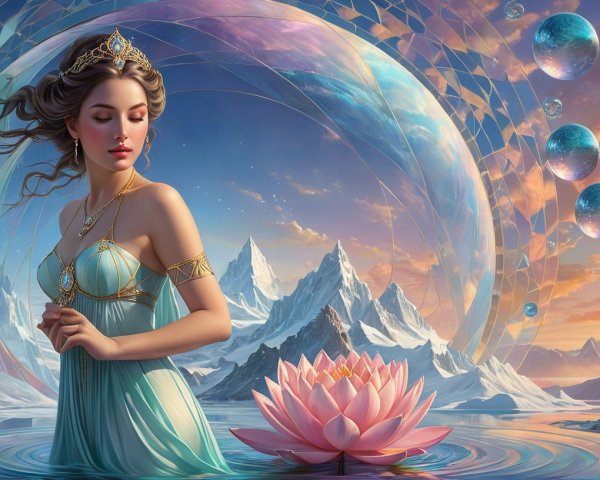 Mystical Woman in Turquoise Gown in Tranquil Landscape
