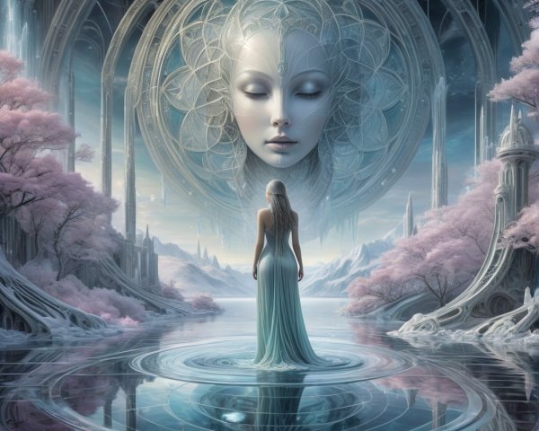 Serene figure on water beneath a colossal face