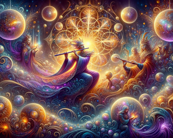 Celestial Scene with Ethereal Figures and Cosmic Patterns