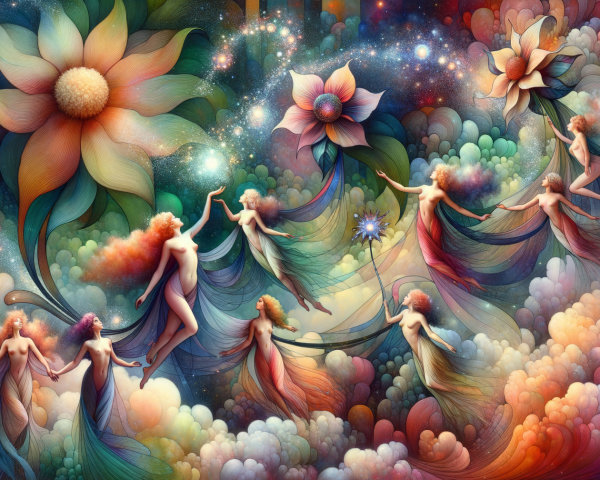 Ethereal Figures in a Dreamlike Colorful Scene