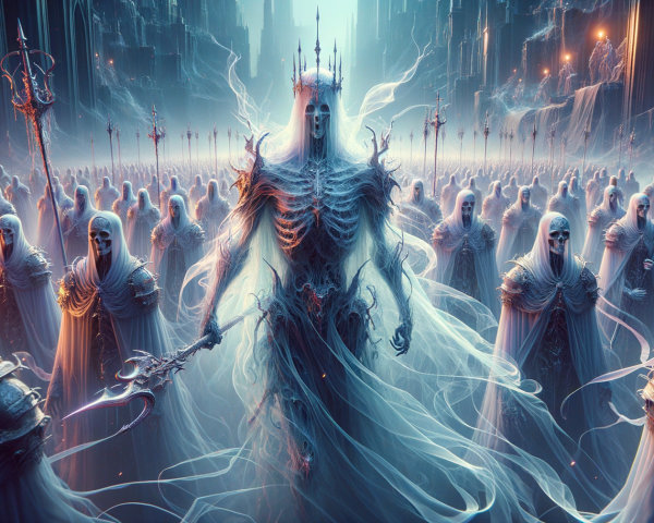 Skeletal Figures in Translucent Robes in Dark Fantasy Scene