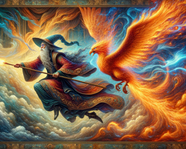 Majestic wizard and phoenix in vibrant cloudscape
