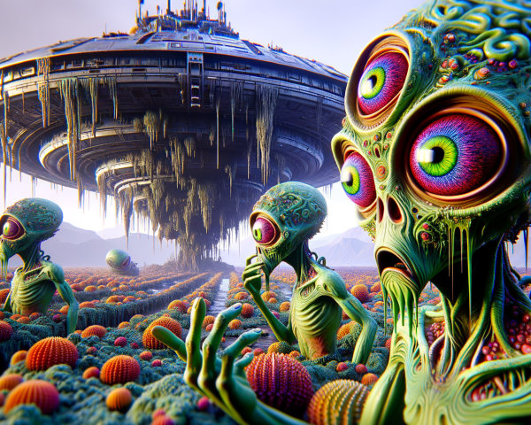 Surreal Landscape with Alien Creatures and Spacecraft