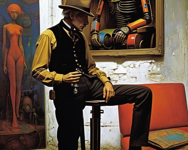 Vintage Outfit and Colorful Robot in Surreal Setting