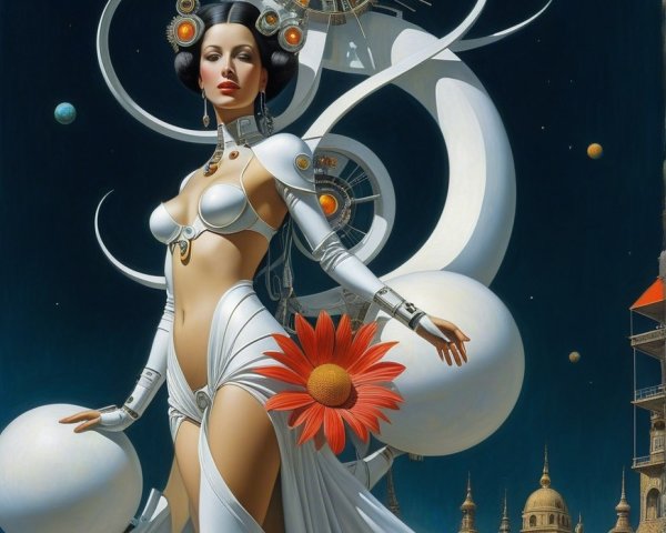 Futuristic scene with celestial designs and vintage elements