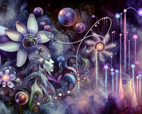 Psychedelic fractal art featuring a woman and flowers
