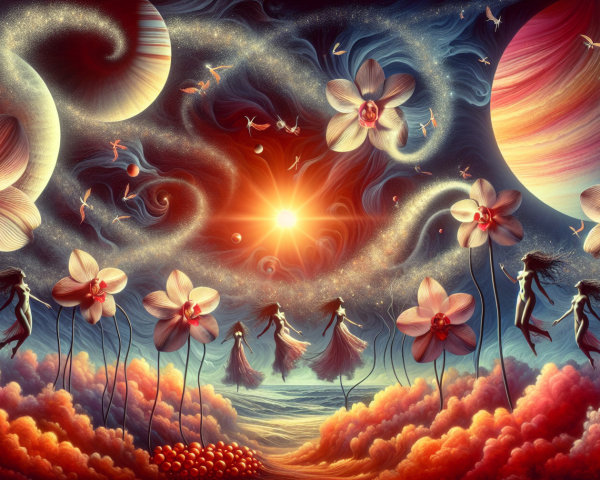 Ethereal Figures Dance Among Oversized Flowers in Space
