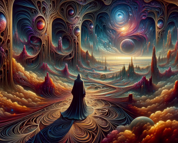 Surreal Landscape with Cosmic Elements and Cloaked Figure