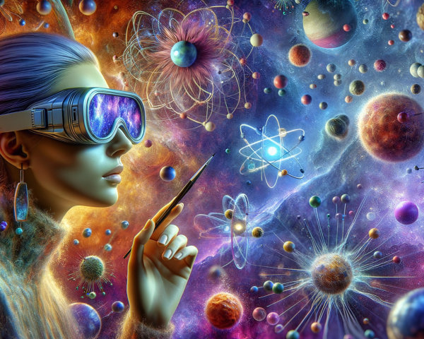 Futuristic Woman with Goggles Contemplates the Cosmos
