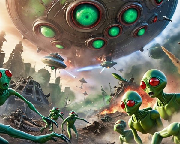 Dramatic Alien Invasion in a Devastated Cityscape