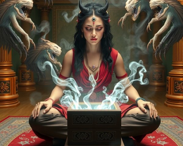 Mystical Woman with Horns in Lavish Room Setting