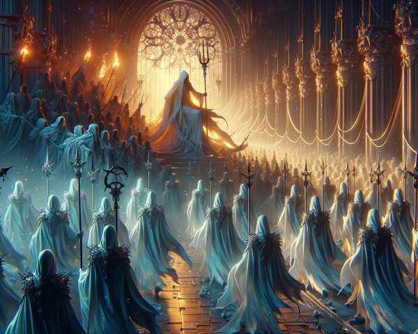 Majestic Figure on Throne in Ethereal Hall