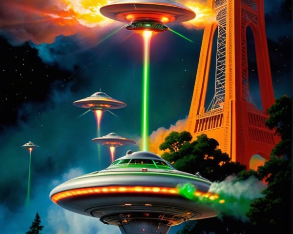 Surreal UFOs Over City Skyline with Colorful Explosions