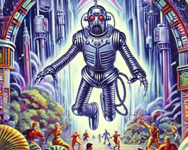 Retro-Futuristic Scene with Humanoid Robot and Figures