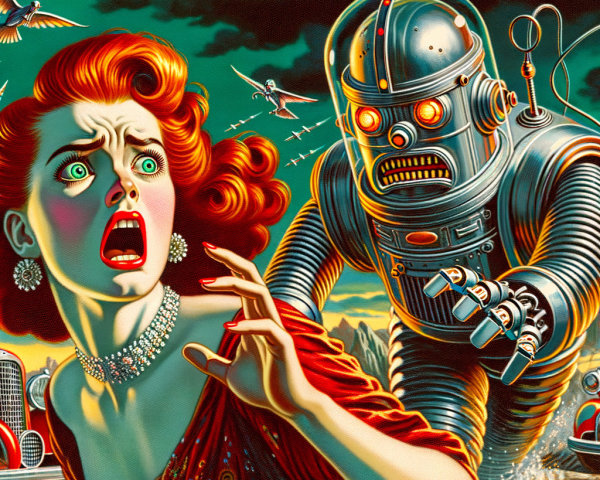 Vintage Scene of Woman and Menacing Robot
