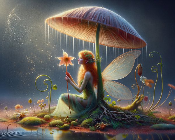 Fairy Beneath Mushroom Surrounded by Bioluminescent Flora