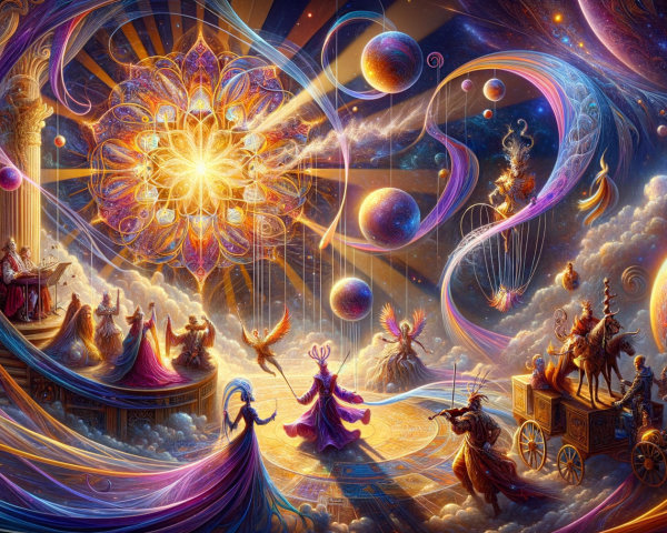 Vibrant Cosmic Scene with Celestial Beings and Colors