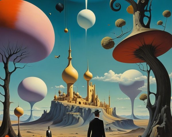 Surreal Landscape with Figures and Fantastical Castle