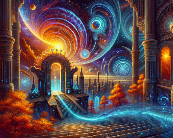 Cosmic Scene with Staircase and Vibrant Colors