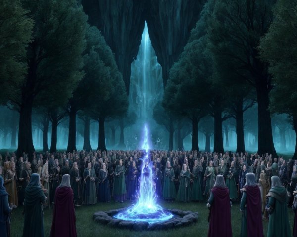Ancient Figures Gather Around Radiant Blue Light