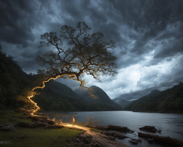 Solitary Figure by Serene Lake Under Dramatic Clouds