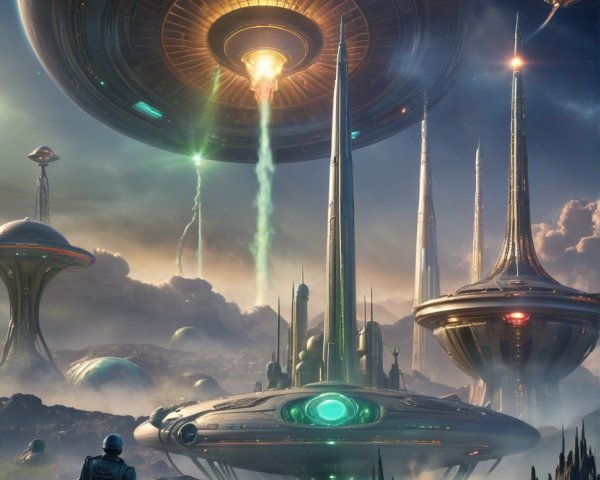 Futuristic Landscape with Spaceships and Alien Terrain