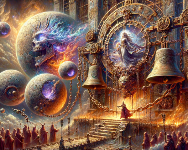 Fantastical Realm with Bells, Clock, and Hooded Figures