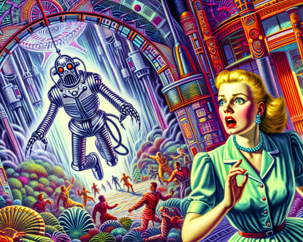 Surreal Scene of Woman in Futuristic Cityscape