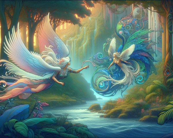 Ethereal Figures in a Vibrant Enchanted Forest