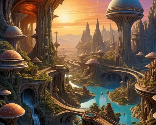 Surreal Landscape with Rock Formations and Waterfalls