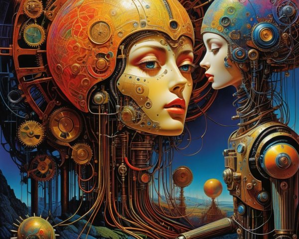 Humanoid Figures in a Futuristic Mechanical Landscape